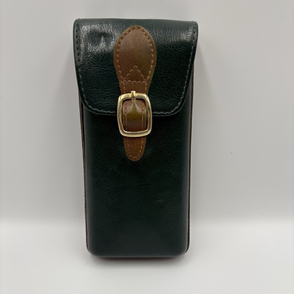 Vintage Jeun Bang Green Brown Leather Eyeglass Case 6"x2-3/4"x1-1/4" Lined